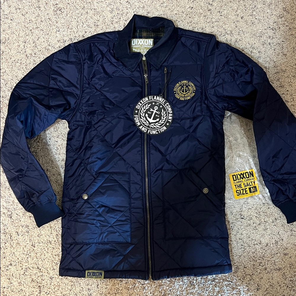 DIXXON The Salty Men’s Navy Quilted Jacket with Gold Accents Sz Med